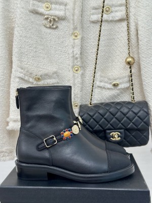 Chanel Lambskin, Grosgrain Ankle Boots with Charm Strap Black 2024 