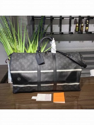 Louis Vuitton x Hiroshi Fujiwara Keepall 55 Bandouliere Duffle Bag Monogram Eclipse Flash Canvas Fall/Winter 2017 Collection M43414, Noir
