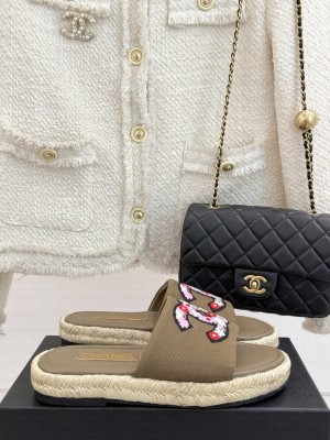 Chanel Canvas Embroidered CC Espadrilles Slide Mules Brown 2025