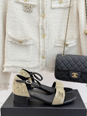 Chanel Leather & metal Chain CC Logo 4cm Sandals Black 