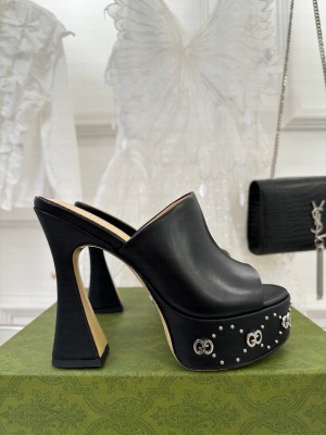 Gucci Leather Platform Slide Sandal 15cm with Interlocking G Studs 2023 Black