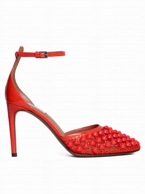 Alaia Women's High Fishnet Pumps With Studs Red