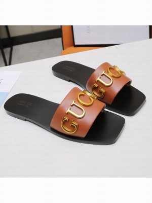 Gucci Gold Signature Calfskin Slide Sandals Brown 2021 (For Women and Men) Collection