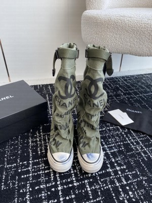 Chanel Graffiti Canvas High Boots Green