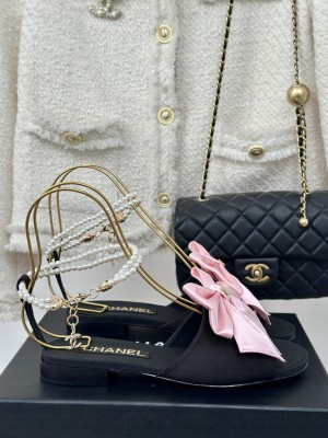 Chanel Silk Flat Sandals with Maxi Bow and Pearls Balck/Pink 2024 G45813