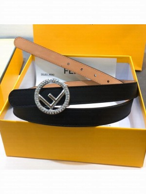 Fendi Leather Belt 20mm with Crystal Circle F Buckle Black 2019 Collection