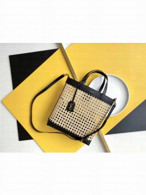 SAINT LAURENT N/S TOY SHOPPING BAG IN WOVEN CANE AND LEATHER