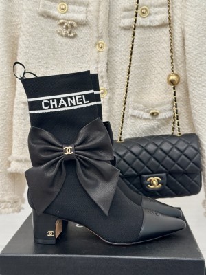 Chanel Knit Ankle Boots With Max Bow Black