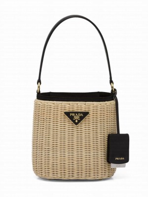 Prada Wicker And Canvas Bucket Bag 1BE062 Black