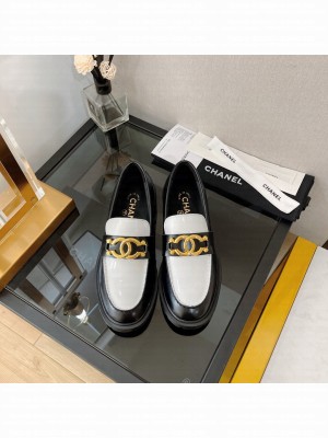 Chanel Shiny Calfskin Loafers with Metal CC White/Black