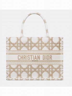 Medium Dior Book Tote White and Gold-Tone Macrocannage Embroidery M1296ZZ