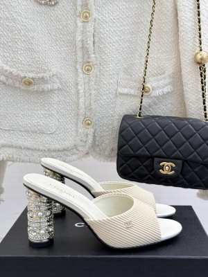 Chanel Embossed Leather Heel Sandals 8.5cm imitation pearls, strass & metal Cream Mule 2025