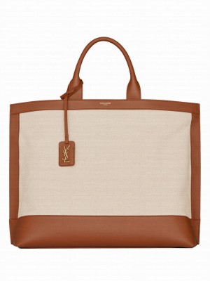Saint Laurent Shopping Tag In Canvas And Leather 619757L Coffee