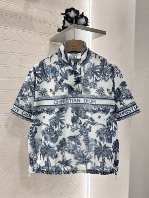 Christian Dior White and Blue Toile de Jouy Palms Cotton and Linen Jersey Jacket and Shorts Set