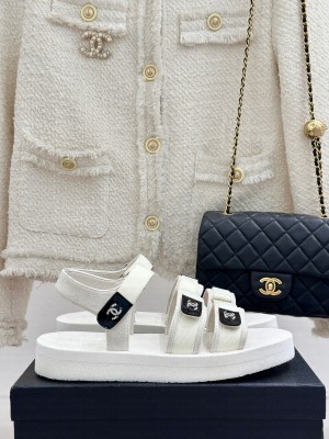 Chanel Velcro Beach Sandals Flat Sandals with Buckle Straps White 2025
