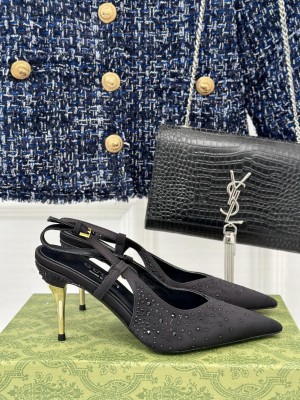 Gucci Satin Slingback Pumps 8.5cm with Crystals Black