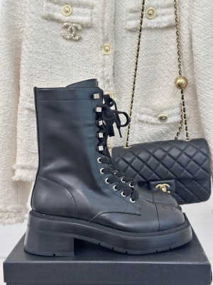 Chanel 5cm Lambskin Lace-up Boots Black 2024