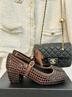 Chanel Satin & Strass Mary Janes 5cm Pumps with Bow Brown