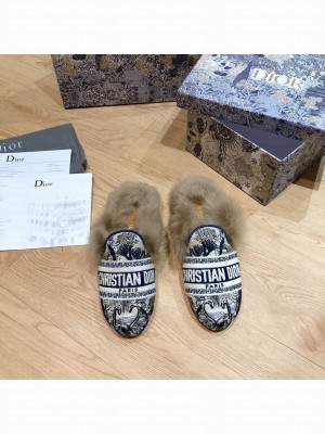 DIOR OFF MULE Multicolor Embroidered Cotton Fur Flat Slippers 09