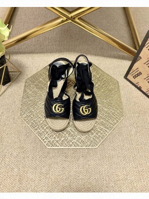 Gucci GG Lambskin Wedge Sandals Black 2021 Collection