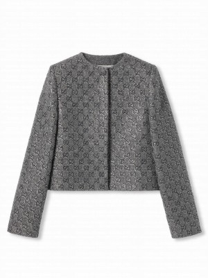 Gucci Women's Embroidered GG Wool Tweed Jacket Gray