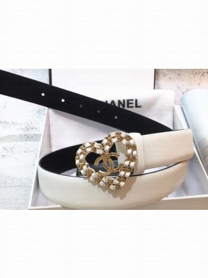 Chanel Width 3cm Chain Heart CC Logo Buckle Leather Belt White
