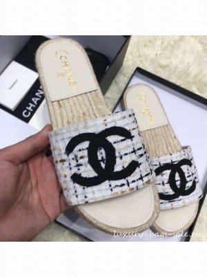 Chanel Tweed Mules Flat Slipper Sandals Espadrilles Gray 2019