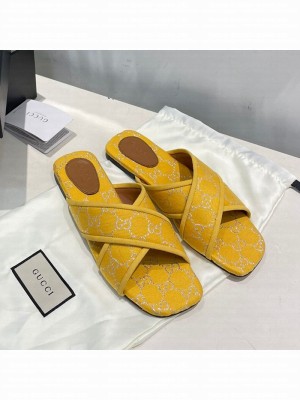 Gucci Silver Lamé Canvas Cross Slide Sandals Yellow 2021 Collection