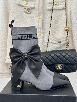 Chanel Knit Ankle Boots With Max Bow Gray