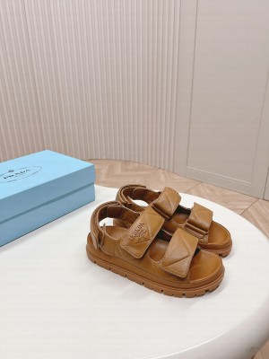 Prada Metal lettering logo Leather sandals 2024 Brown