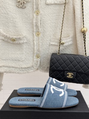 Chanel CC Logo slippers flat denim light blue 2025