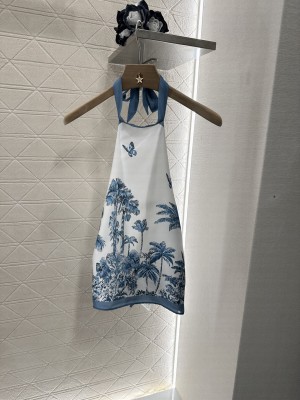 Christian Dior Dioriviera Halter White and Blue Toile de Jouy Palms Cotton and Silk Poplin