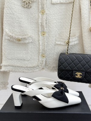 Chanel Lambskin Heel Mules with Bow White 2025