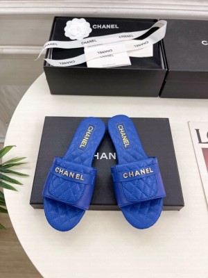 Chanel Quilting lambskin Logo slides blue 2025