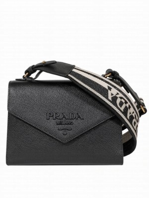 Prada Monochrome Saffiano And Leather Bag Black