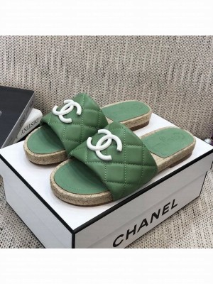 Chanel Quilted Lambskin Flat Espadrilles Slide Sandals Green Spring/Summer 2021 Collection