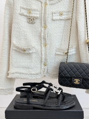 Chanel Suede CC with Black Rhinestones Thong Sandals 2025 