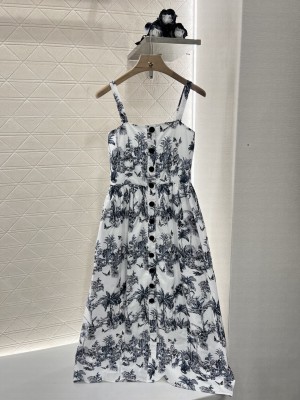 Christian Dior Dioriviera Mid-Length Flared DressWhite and Blue Toile de Jouy Palms Cotton and Silk Poplin