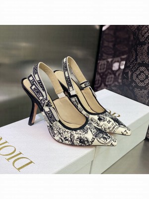 Dior J'Adior Slingback Pumps 9.5cm in White and Black Cotton Embroidered with Plan de Paris Motif 2023