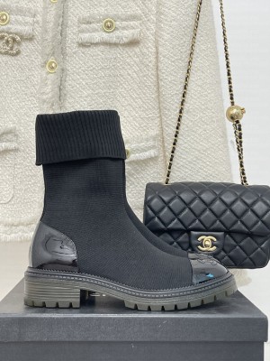Chanel Women's CC Ankle Boots Black Knit