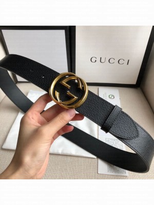 Gucci Grained Leather Belt 38mm with Interlocking G Buckle Black/Gold   Collection