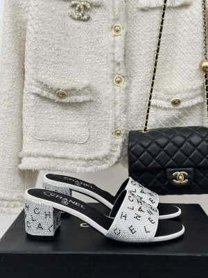 Chanel Crystals Mule Slide Sandals 6cm with Letterings White 2024