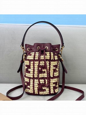 Fendi Raffia Mon Tresor Mini Bucket Bag Burgundy  2021 Collection