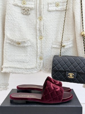 Chanel Quilted Velvet CC Logo Slide Flat Burgundy 2025