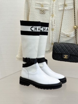 Chanel Knitted & Calfskin boots White