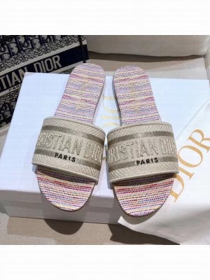 Dior Dway Flat Slide Sandals in Multicolor Stripes Embroidered Cotton Spring/Summer 2021 Collection 52