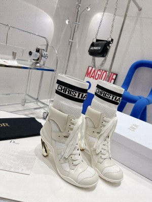 Dior D-Zenith Heeled Ankle Boots 8cm in White Calfskin and Technical Knit 2022