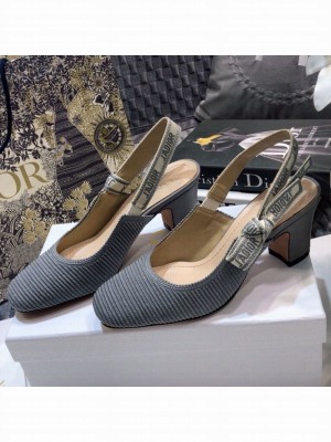 Dior x Moi Slingback Pumps 6.5cm in Grey Ribbon Embroidered Cotton Spring/Summer 2021 Collection