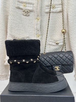 Chanel Suede & Wool Fur Snow Boots Black 2024