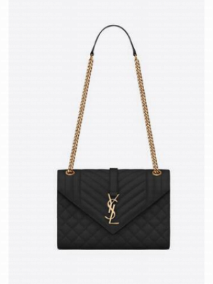 SAINT LAURENT ENVELOPE MEDIUM BAG IN MIX MATELASSe GRAIN DE POUDRE EMBOSSED LEATHER 600185 BLACK&GOLD